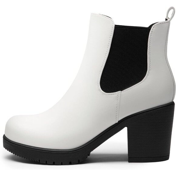 DREAM PAIRS Women's High Chunky Heel White/Black Textile Booties Shoes - Picture 2 of 5